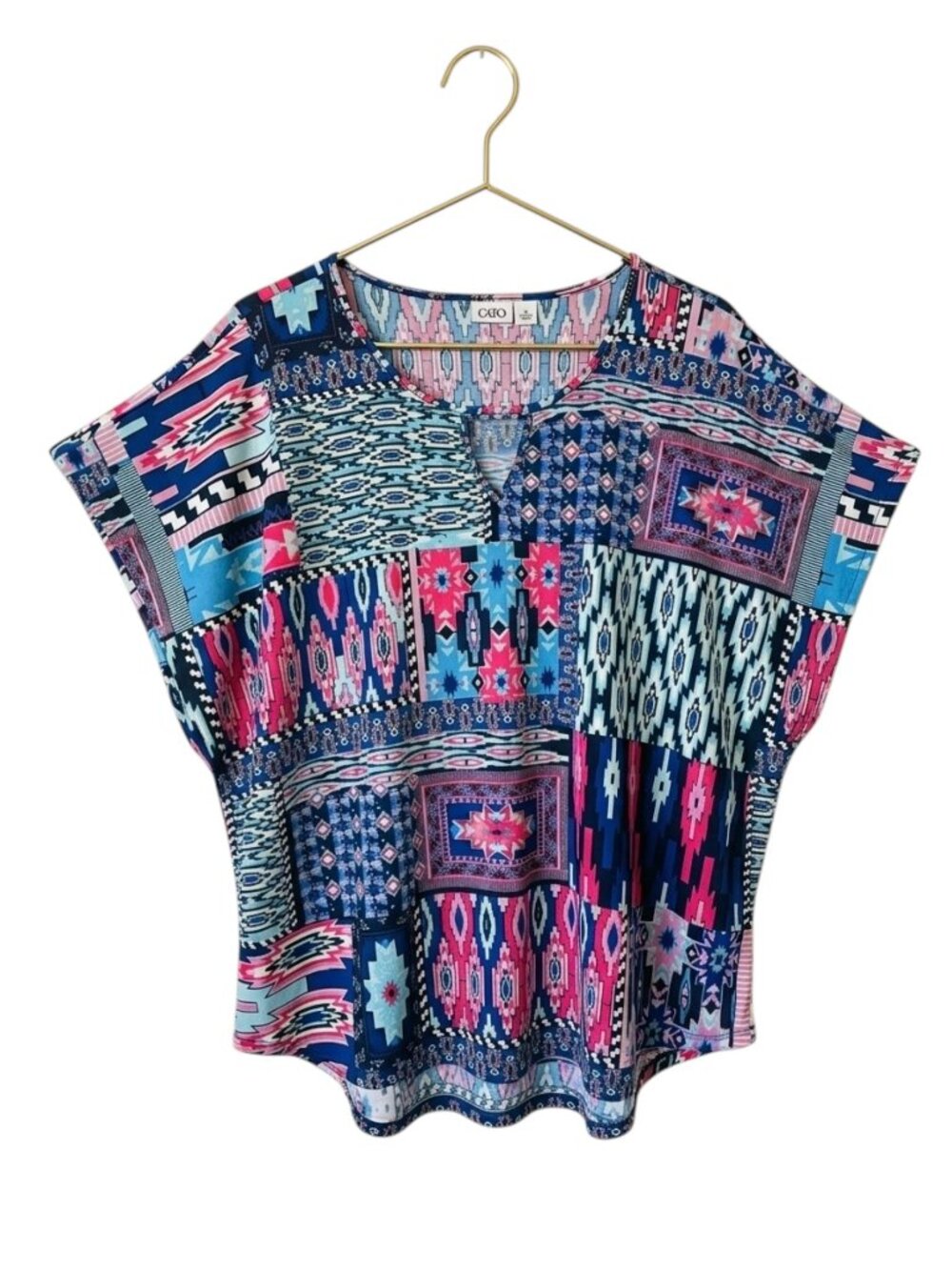 CATO Geometric Patchwork Keyhole Neck Dolman Sleeve Colorful Top - Size XL